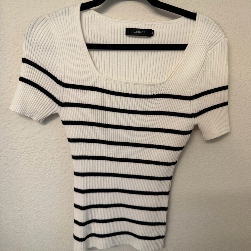 White Ribbed Square Neck Top with Black Stripes